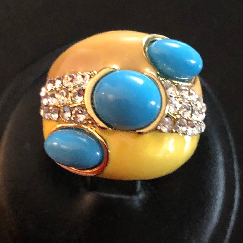 Gold Turquoise Enamel Crystal Statement Ring Designer Camille Lucie France